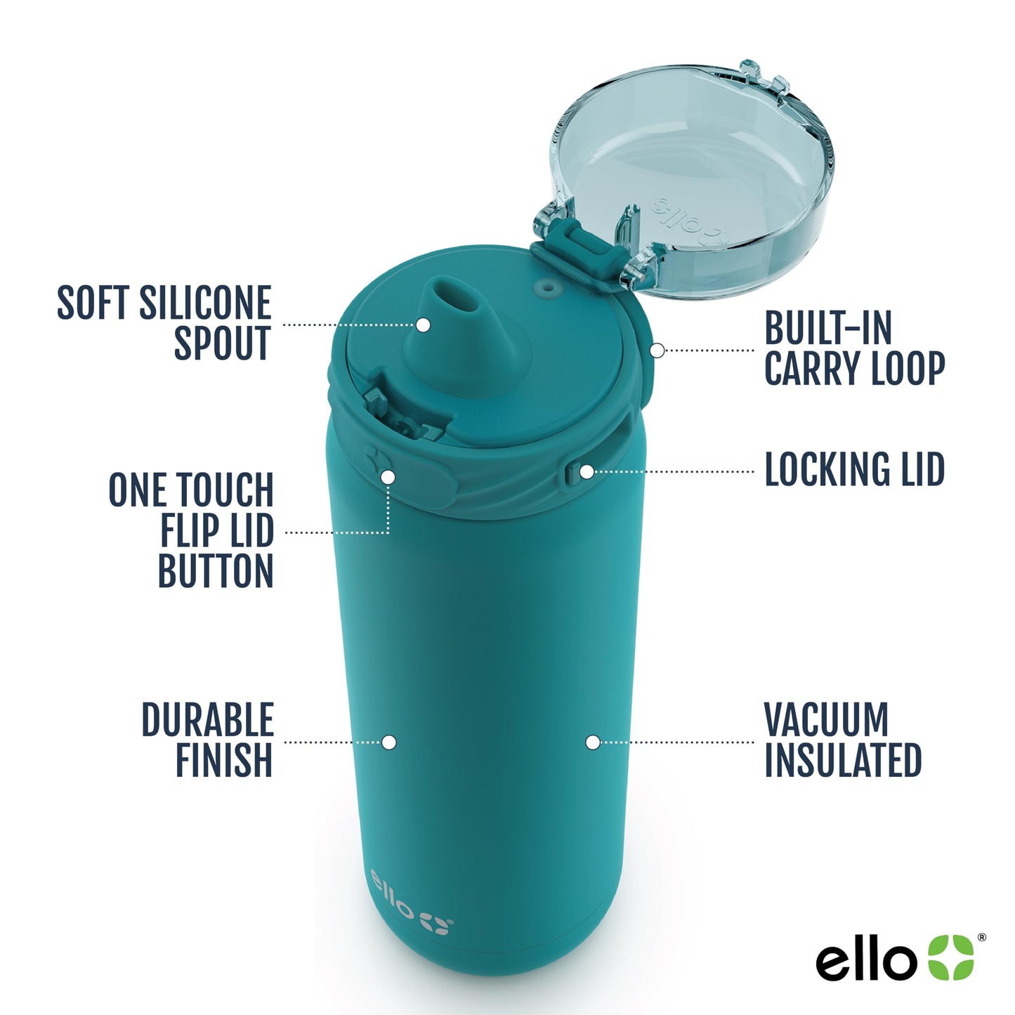 22 oz Ello Cooper Stainless Steel Water Bottle with Straw and Carry Handle, Double Wall Vacuum Insulated, Leak-Proof Locking Lid, BPA-Free, Antigua