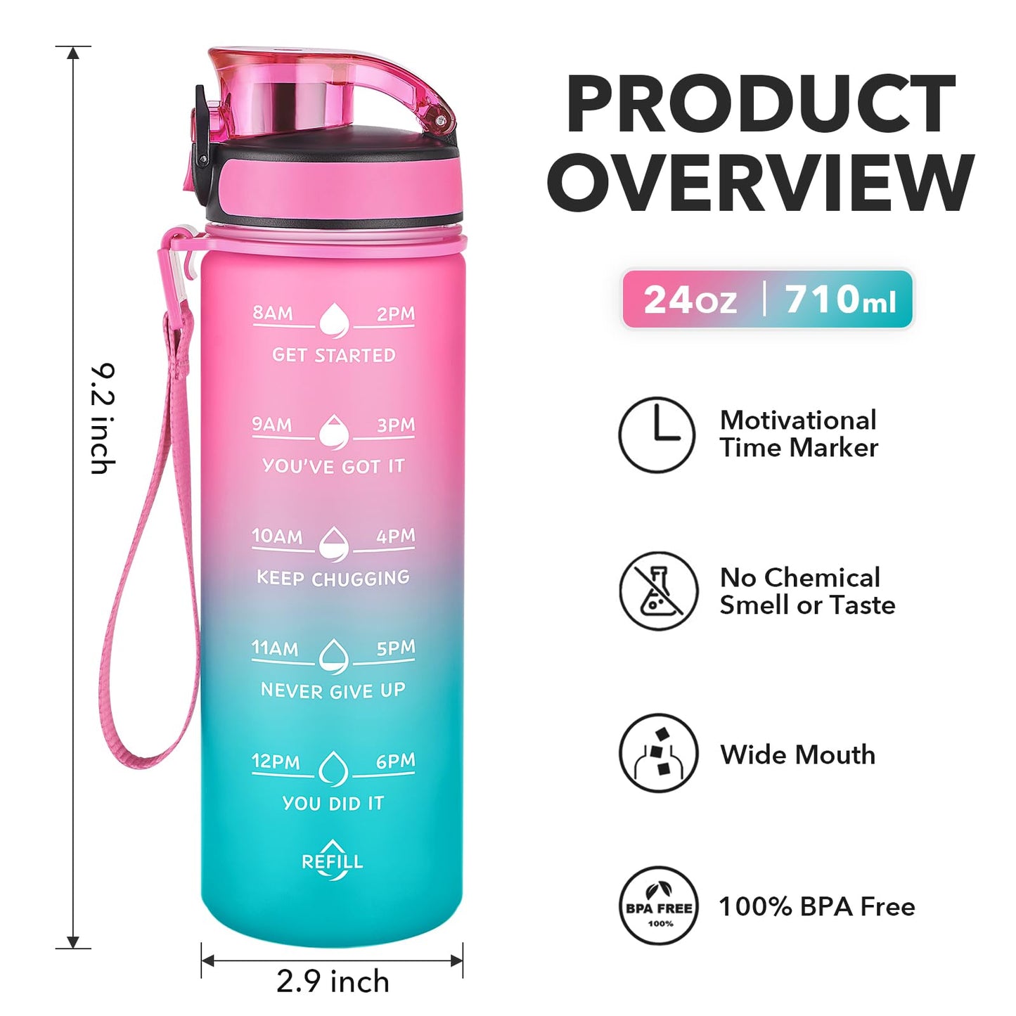 Enerbone Leak-Proof BPA-Free Motivational Water Bottle with Straw and Time Markers, Fitness Sports Bottle with Strap for Office, Gym, Outdoors