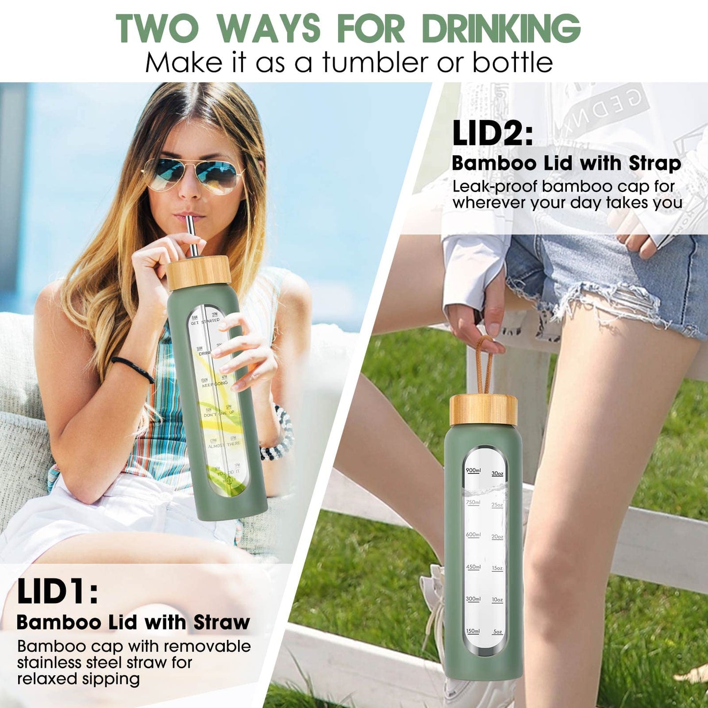 32 oz Glass Water Bottle with Straw, Motivational Time Marker, Silicone Sleeve, Reusable Tumbler with 2 Bamboo Lids and Fruit Infuser, 1 Pack