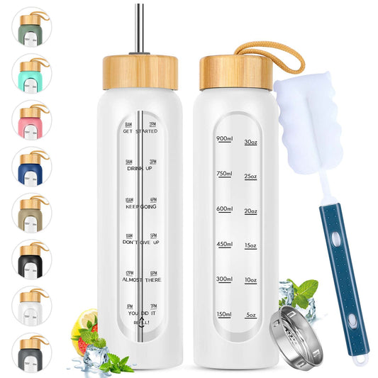 32 oz Glass Water Bottle with Straw, Motivational Time Marker, Silicone Sleeve, Reusable Tumbler with 2 Bamboo Lids and Fruit Infuser, 1 Pack