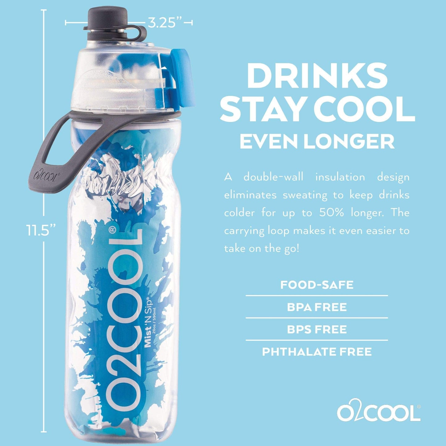 20 oz O2COOL Mist 'N Sip Water Bottle, 2-in-1 Mist and Sip, No-Leak Pull Top Spout, Reusable Sports Bottle, Lightning Blue