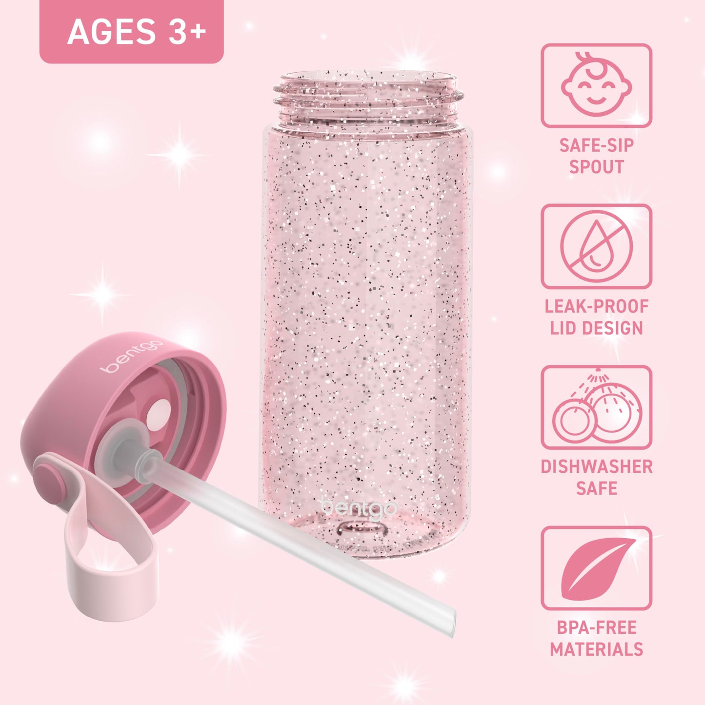15 oz Bentgo Kids Water Bottle, Leak-Proof Durable Tritan, BPA-Free, Safe Sip Spout with Carry Handle, Dishwasher Safe, Glitter Edition Petal Pink, Ages 3+, School