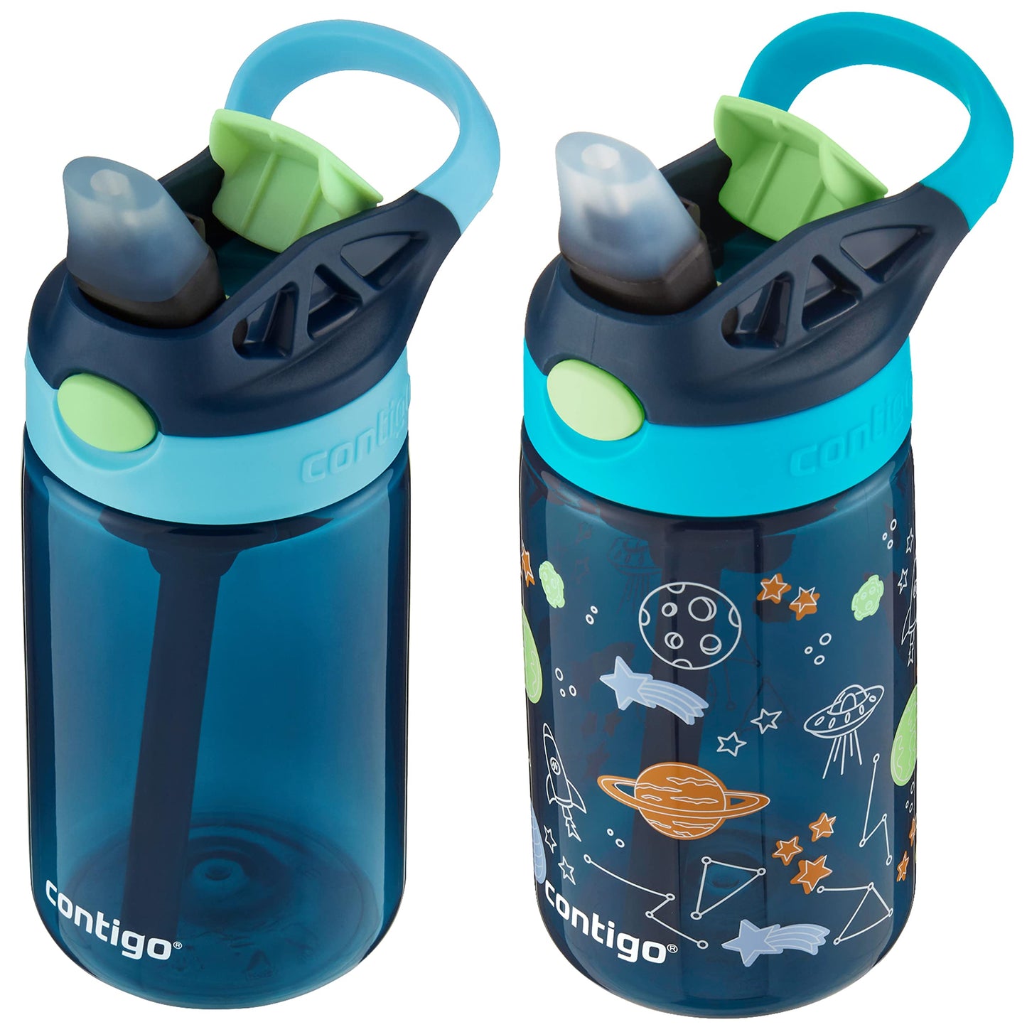 2 Pack 14 oz Contigo Aubrey Kids Water Bottles with Silicone Straw and Spill-Proof Lid, Cheetahs & Toucans