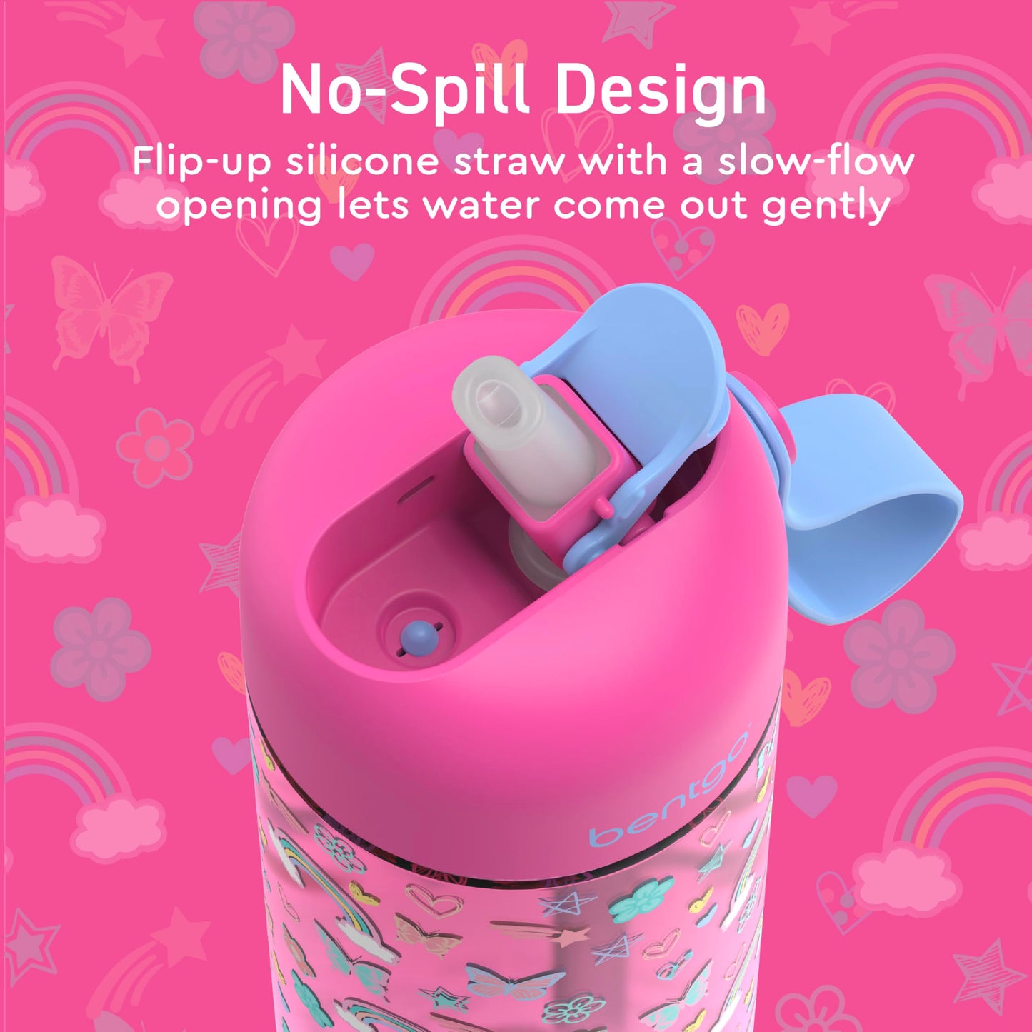 2 Pack 15 oz Bentgo Kids Water Bottles, Leak-Proof Durable Tritan, BPA-Free, Flip-Up Straw, Dishwasher Safe, Rainbows & Butterflies / Fairies, Ages 3+, School, Sports, Daycare, Camp