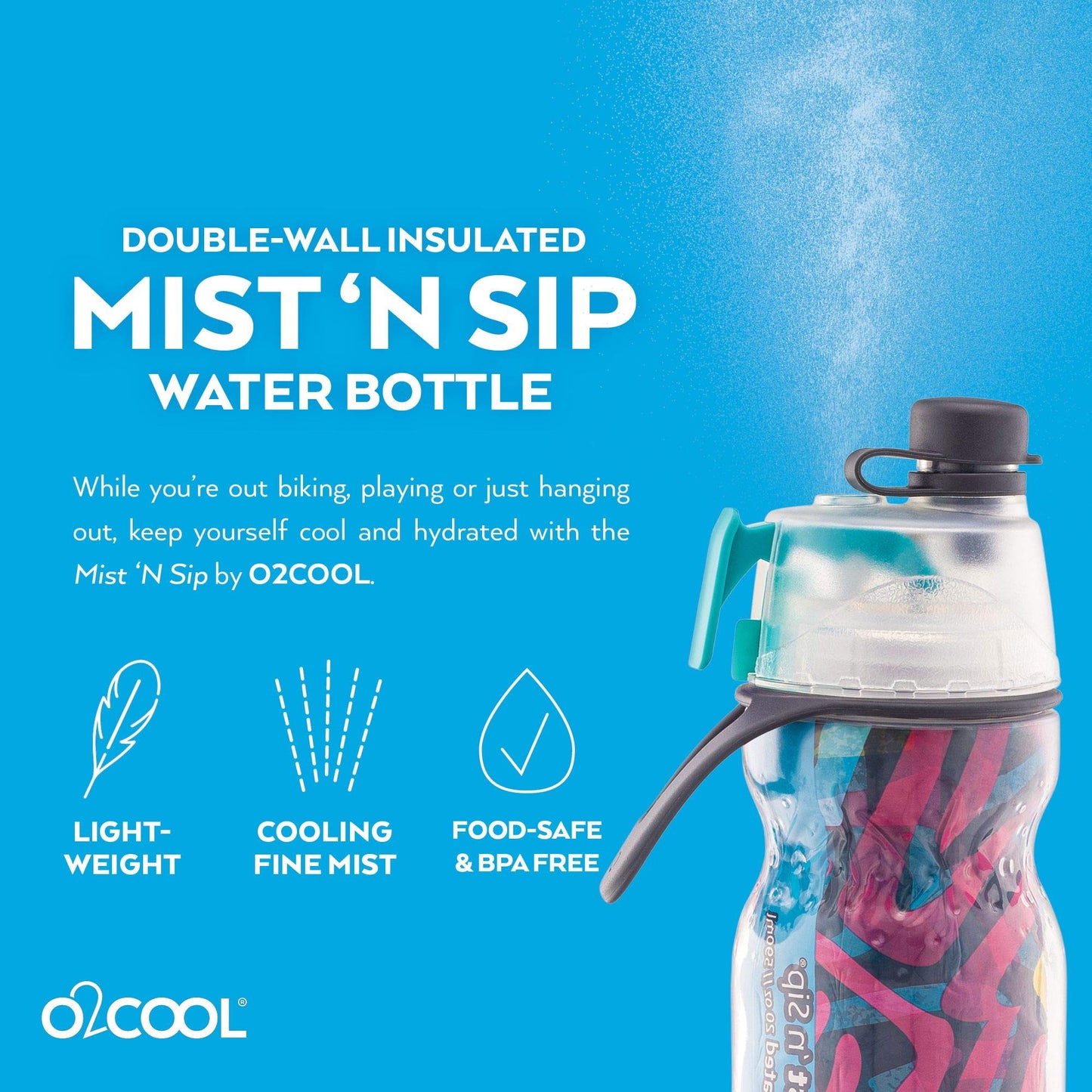 O2COOL Mist 'N Sip Misting Water Bottle 2-in-1 Mist And Sip Function With No Leak Pull Top Spout Reusable Sports Water Bottle - 20 oz (Artist)