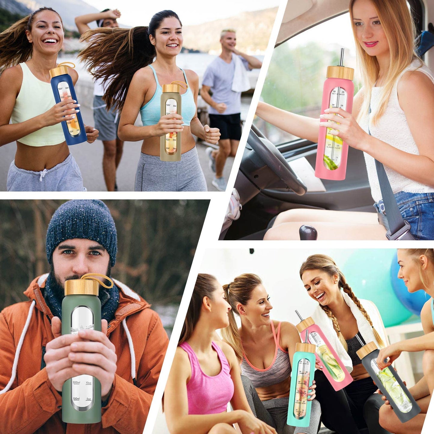 32 oz Glass Water Bottle with Straw, Motivational Time Marker, Silicone Sleeve, Reusable Tumbler with 2 Bamboo Lids and Fruit Infuser, 1 Pack