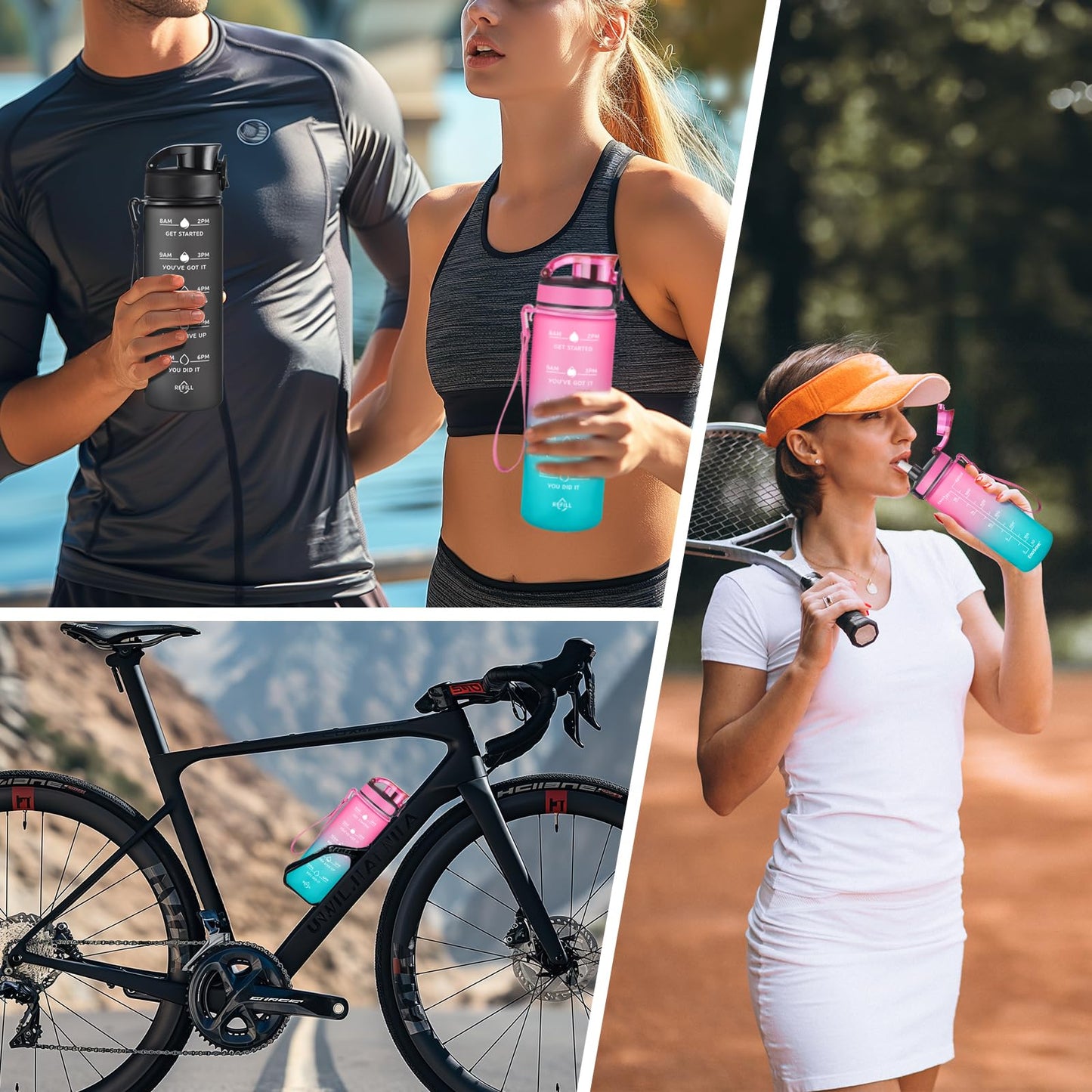 Enerbone Leak-Proof BPA-Free Motivational Water Bottle with Straw and Time Markers, Fitness Sports Bottle with Strap for Office, Gym, Outdoors