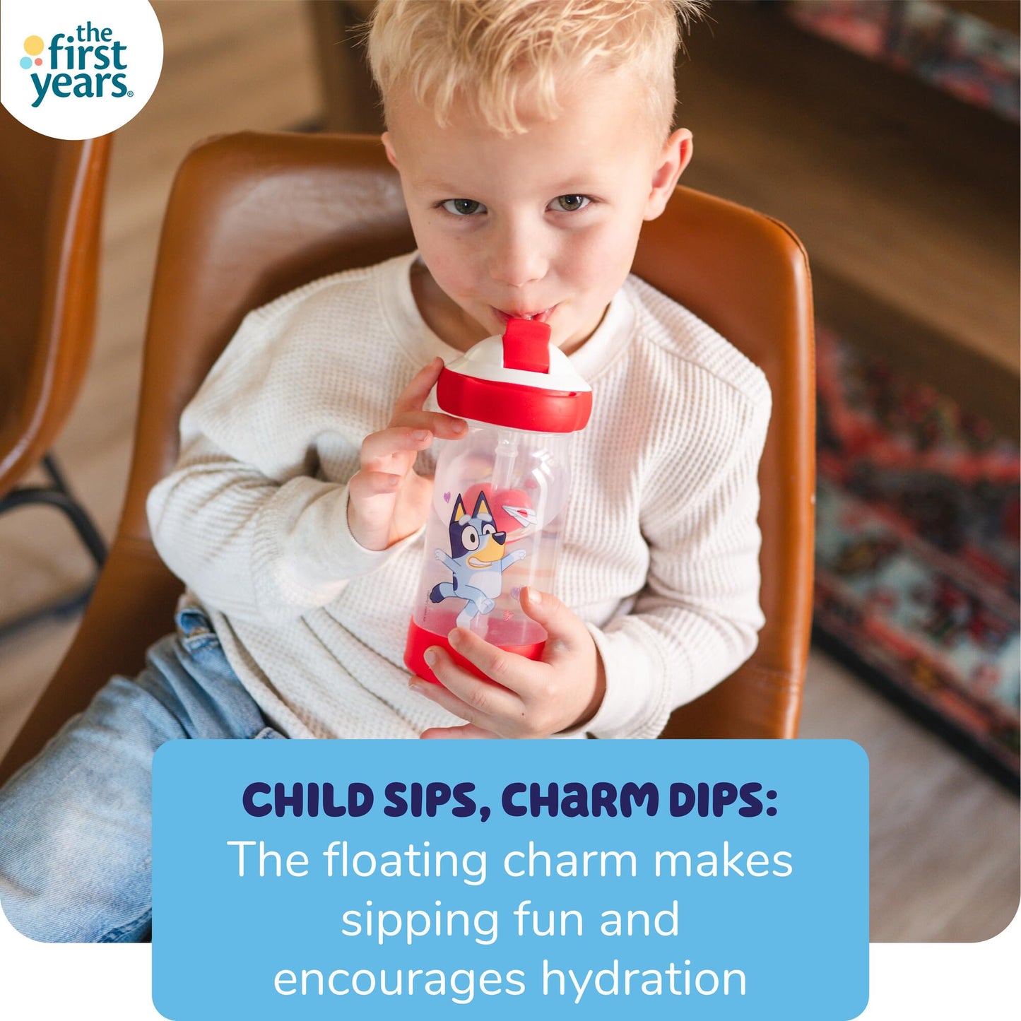 The First Years Bluey Sip & See Valentines Day Cup - Spill Proof Toddler Water Bottle with Floating Charm - Bluey Kids Cups with DropGuard - Toddler and Kids Valentines Day Gifts - 12 Ounces