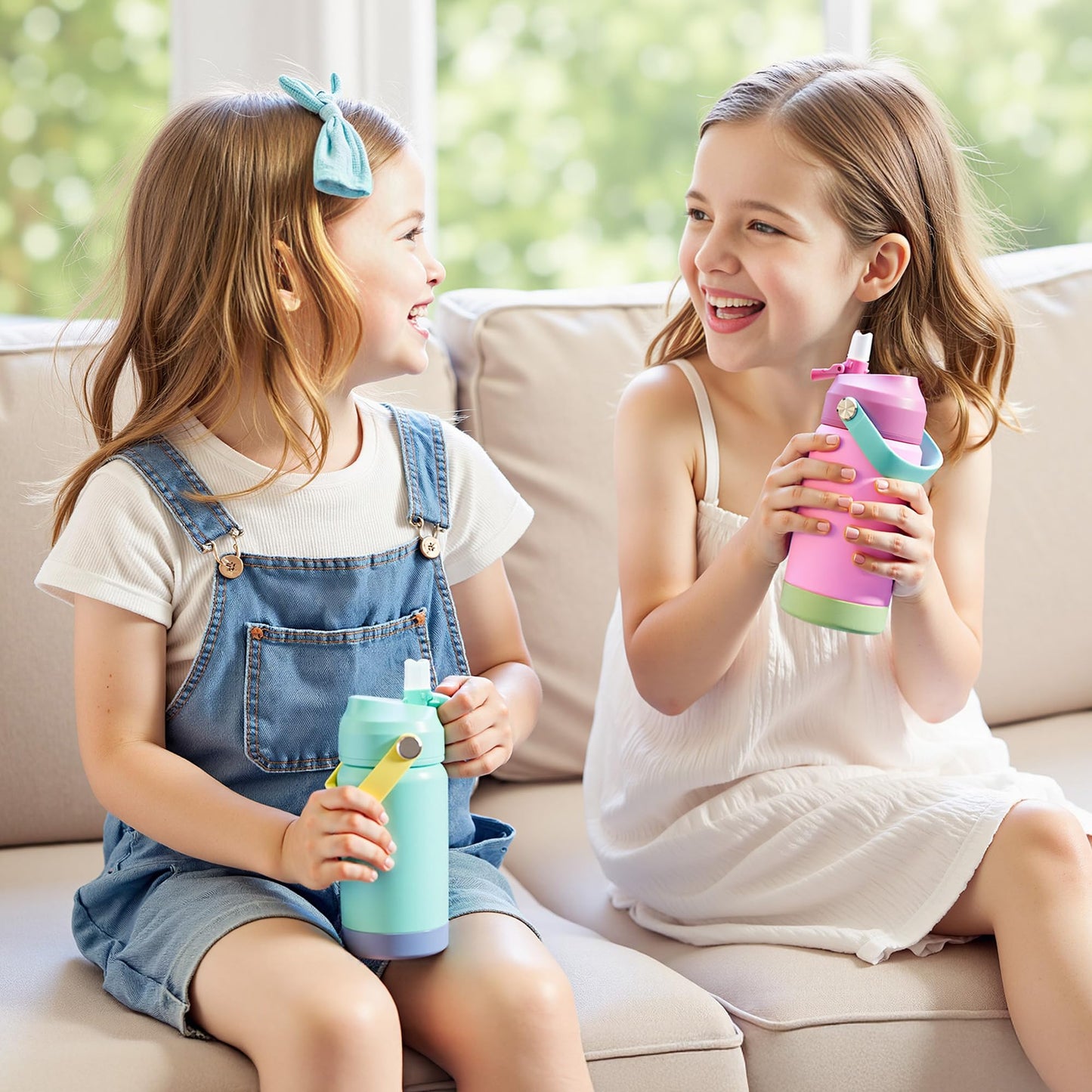 12 oz Kerilyn Kids Stainless Steel Insulated Water Bottle with Straw, Leak-Proof, BPA-Free, Pink, School Toddler Cup for Boys & Girls