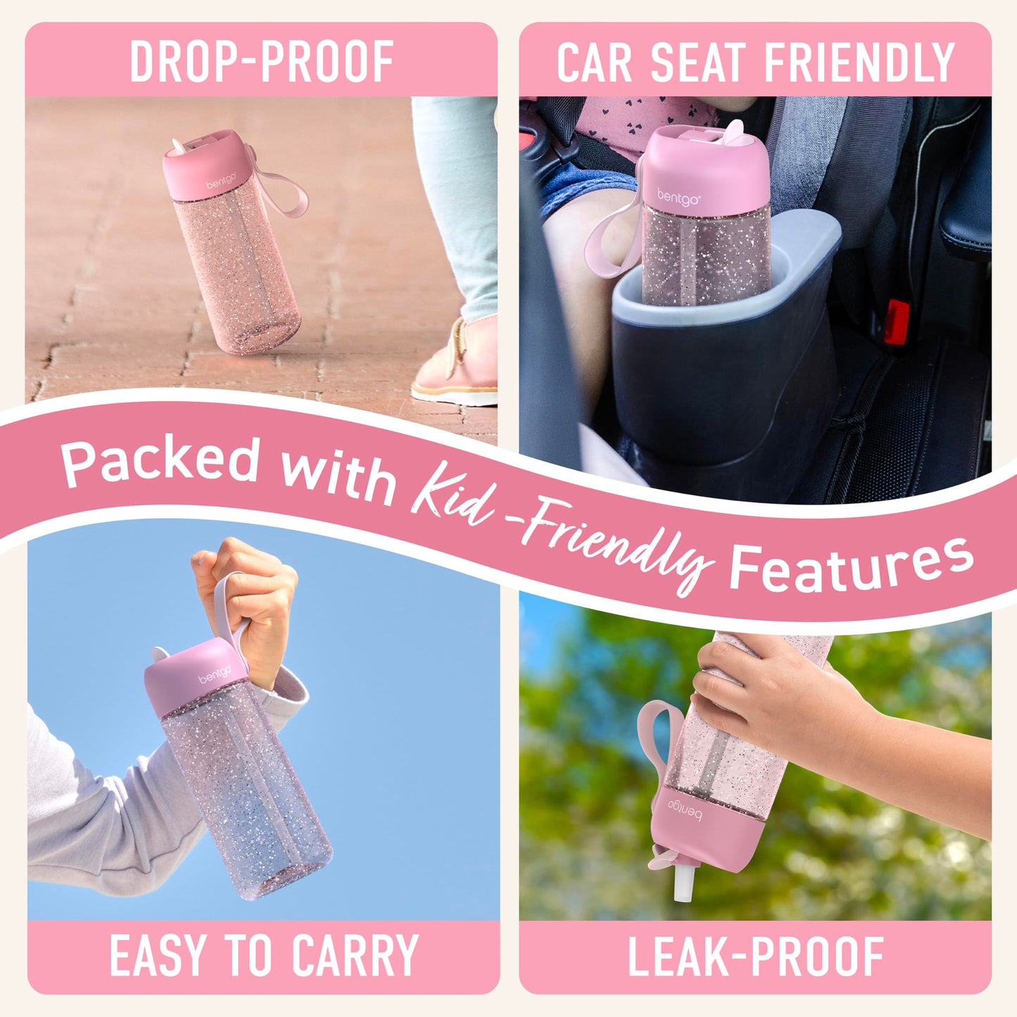 15 oz Bentgo Kids Water Bottle, Leak-Proof Durable Tritan, BPA-Free, Safe Sip Spout with Carry Handle, Dishwasher Safe, Glitter Edition Petal Pink, Ages 3+, School
