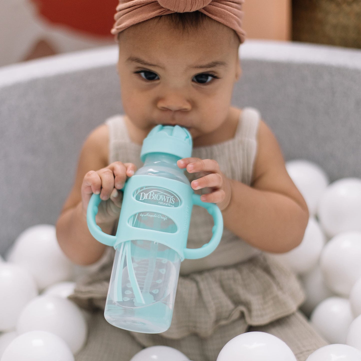 Dr. Brown's Milestones Narrow Sippy Straw Bottle, 8 oz/250 mL, Spill-Proof with Weighted Straw & 100% Silicone Handles, BPA-Free, Gray & Green, 6m+