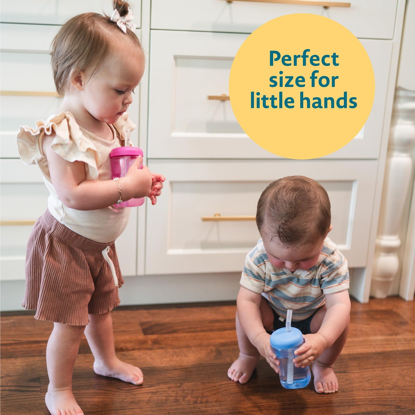 3 Pack 7 oz The First Years Squeeze & Sip Toddler Straw Cups, Squeezable Transition Sippy Cups with Silicone Straw, Blue, Yellow, Red, Ages 6 Months+