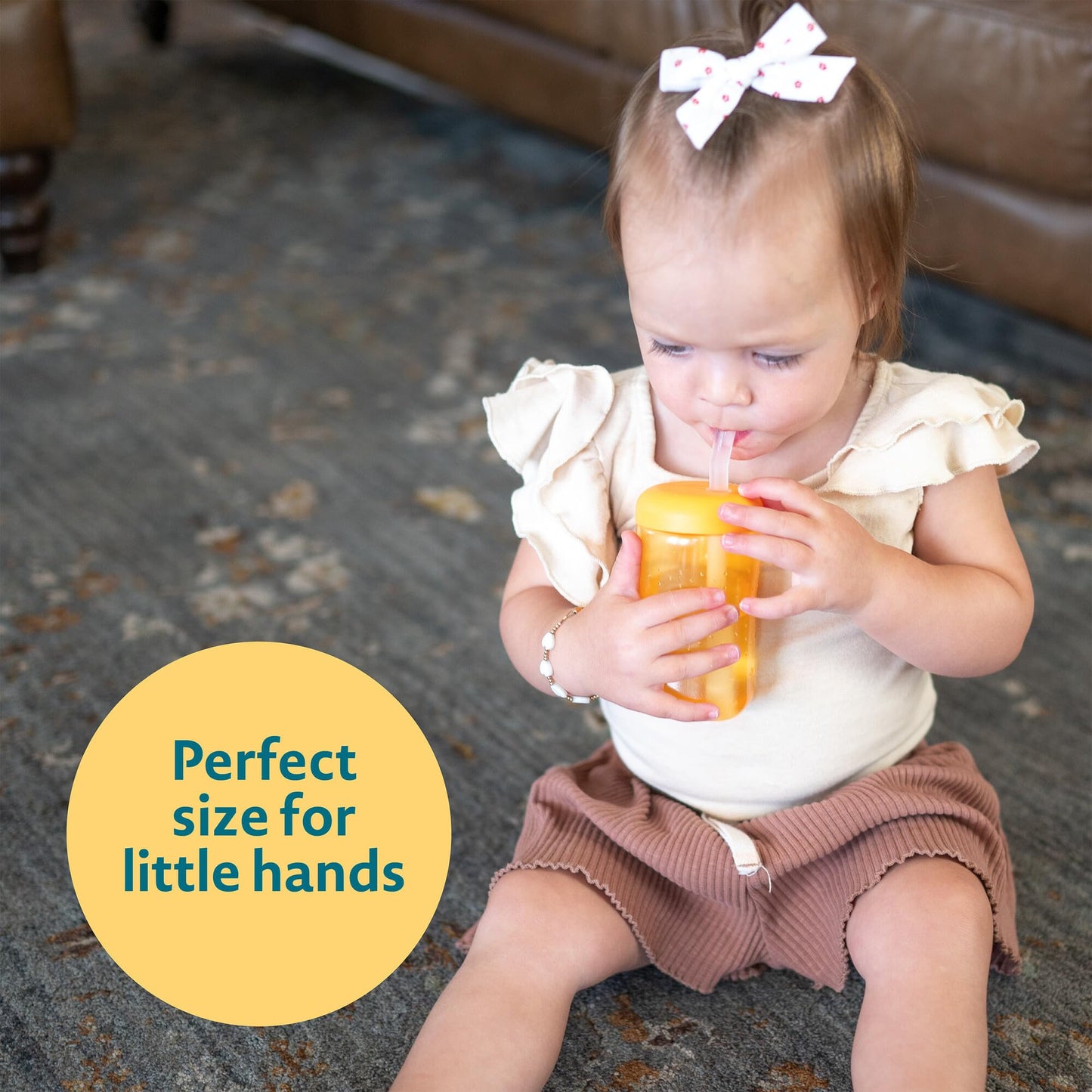 3 Pack 7 oz The First Years Squeeze & Sip Toddler Straw Cups, Squeezable Transition Sippy Cups with Silicone Straw, Yellow, Pink, Orange, Ages 6 Months+