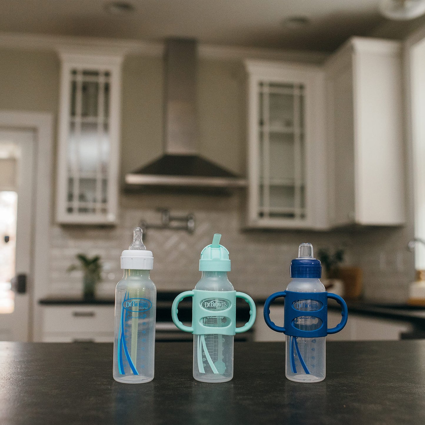 Dr. Brown's Milestones Narrow Sippy Straw Bottle, 8 oz/250 mL, Spill-Proof with Weighted Straw & 100% Silicone Handles, BPA-Free, Gray & Green, 6m+