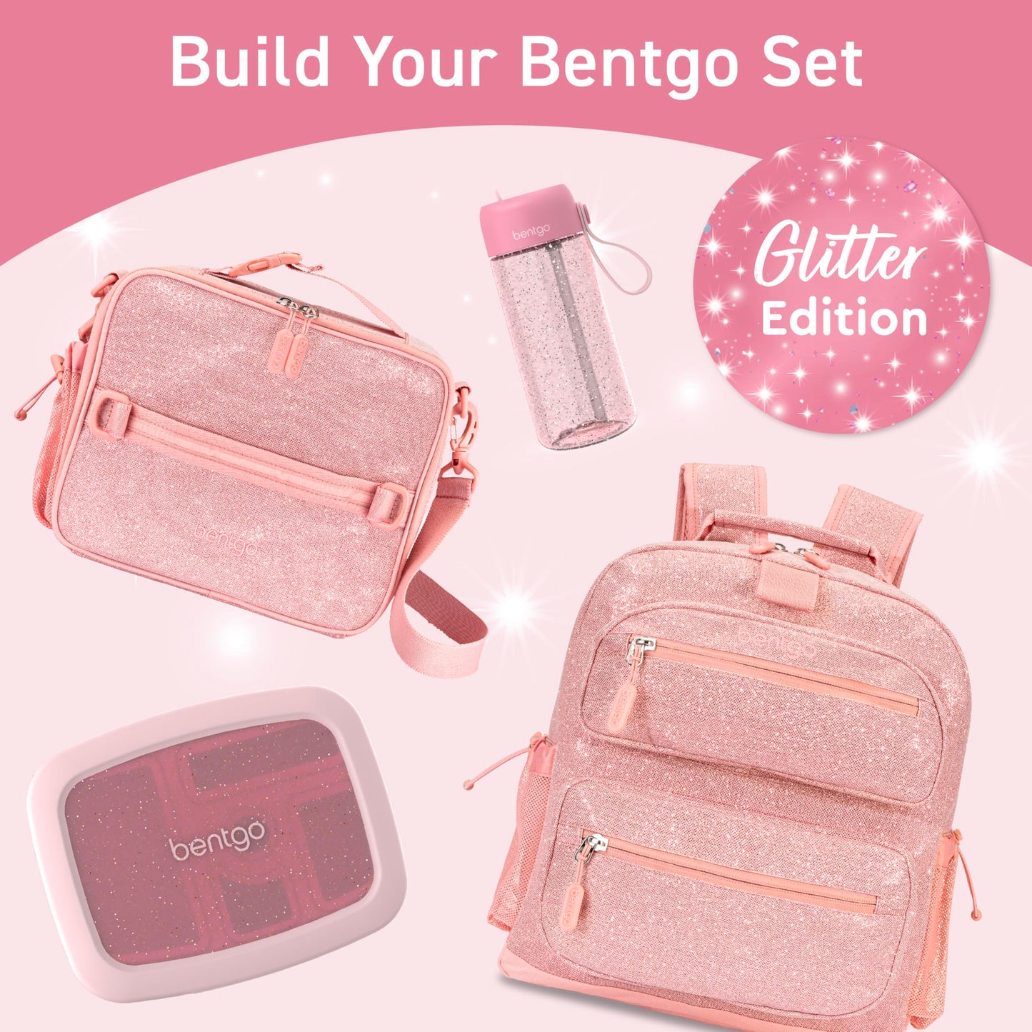 15 oz Bentgo Kids Water Bottle, Leak-Proof Durable Tritan, BPA-Free, Safe Sip Spout with Carry Handle, Dishwasher Safe, Glitter Edition Petal Pink, Ages 3+, School