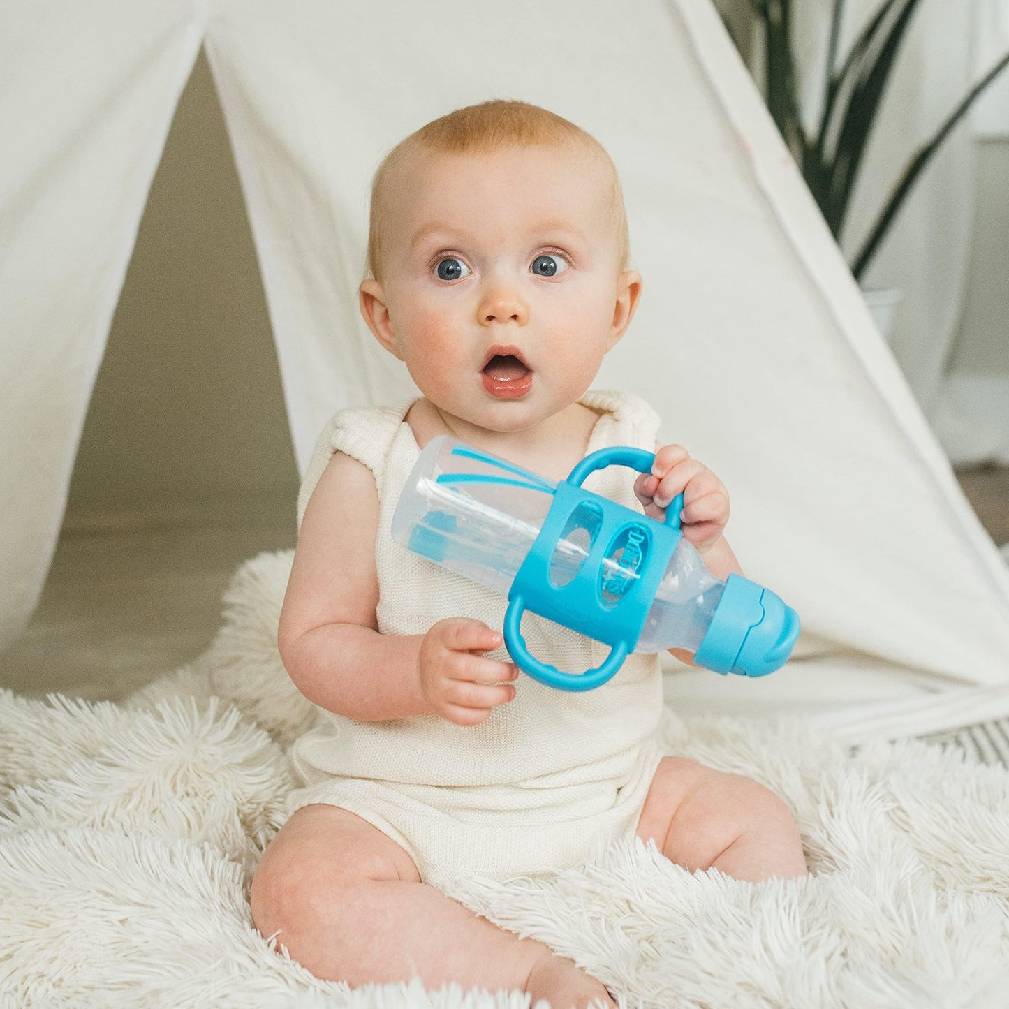 Dr. Brown's Milestones Narrow Sippy Straw Bottle, Spill-Proof with 100% Silicone Handles and Weighted Straw, 8 oz/250 mL, Gray & Blue, 6m+